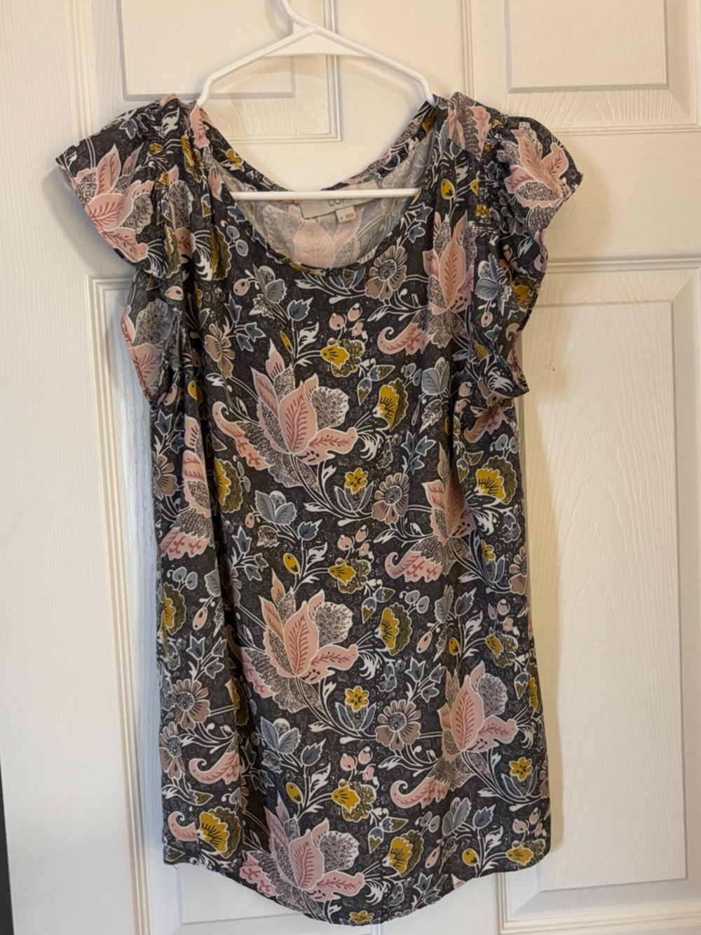 LOFT Floral Flutter-Sleeve Blouse - Pink, Yellow on Charcoal